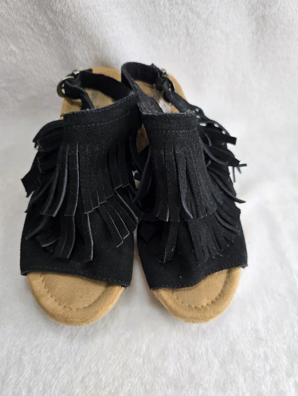 Minnetonka Ashley Fringe Suede Espadrille Wedge Sandals Black Womens Size 6